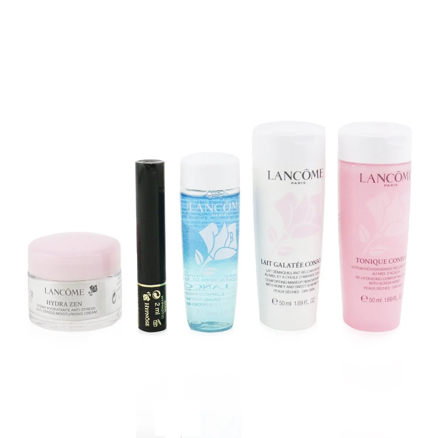 Lancome My Travel Essentials Set:Confort Galatee 50ml Confort Tonique 50ml Hypnose 2ml Hydra Zen Cream 15ml Bi-Facil 30ml  5pcs