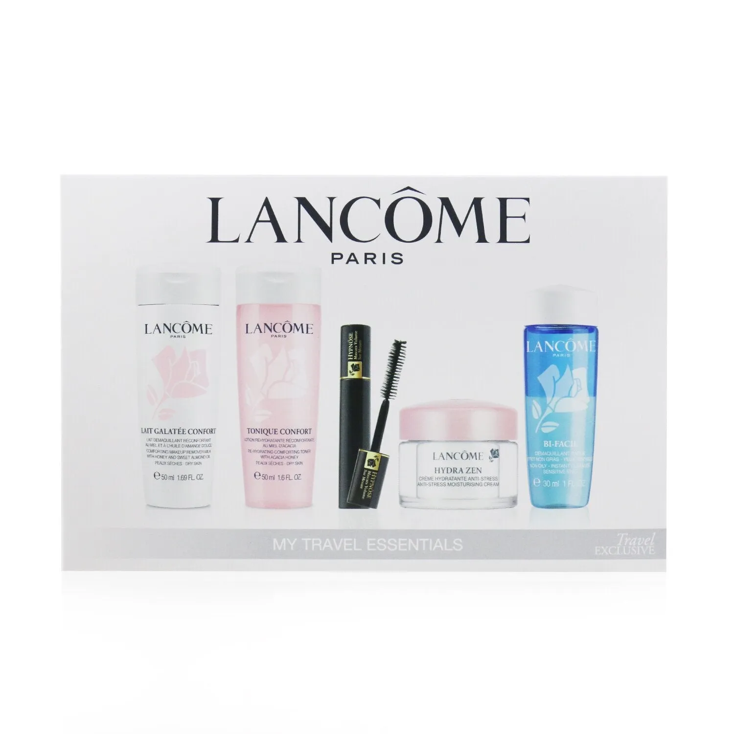 Lancome My Travel Essentials Set:Confort Galatee 50ml Confort Tonique 50ml Hypnose 2ml Hydra Zen Cream 15ml Bi-Facil 30ml  5pcs