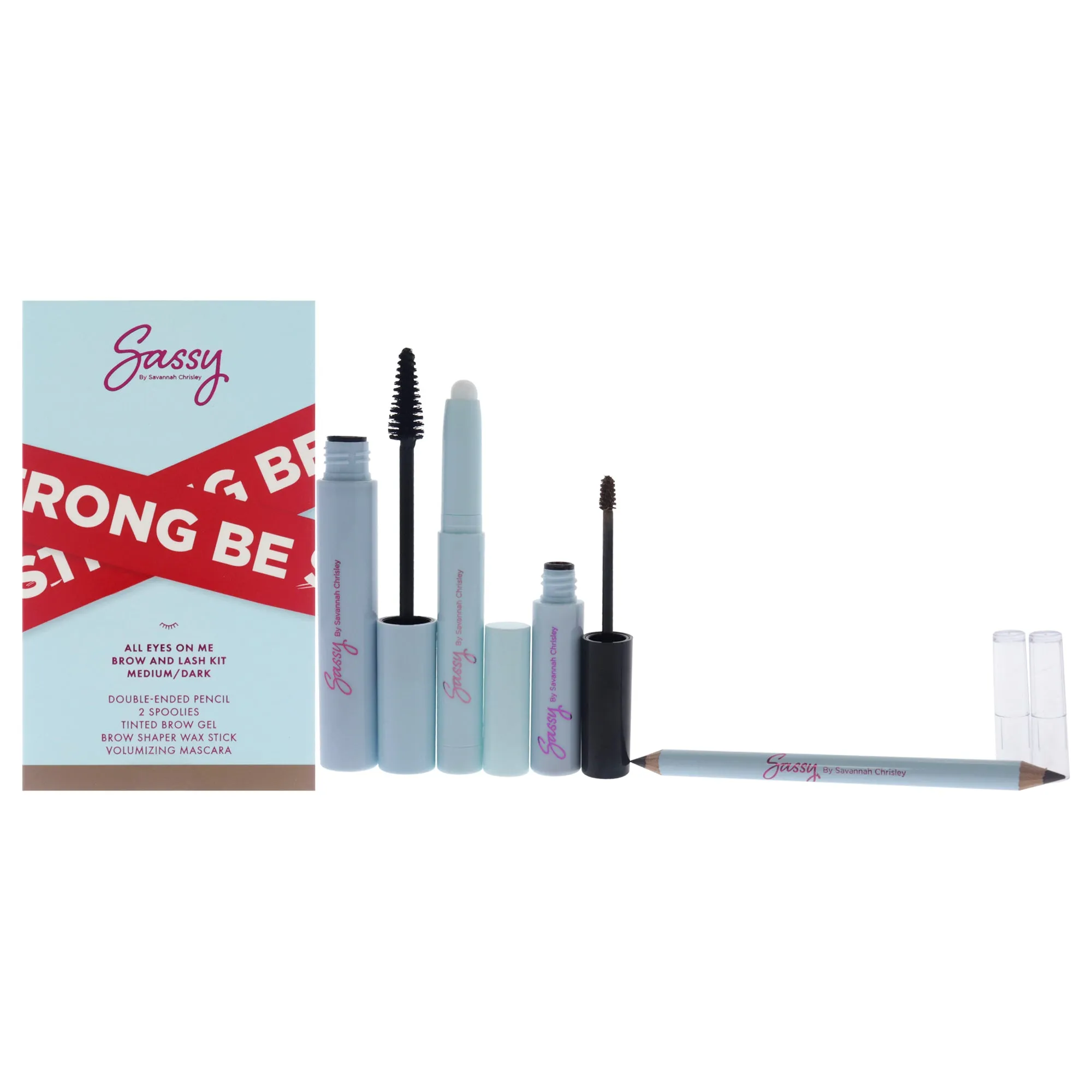 Sassy by Savannah Chrisley Breakup Collection All Eyes on me Brow and Lash Kit - Medium-Dark by Sassy by Savannah Chrisley for Women - 6 Pc Volumizing Mascara. Brow Shaper Wax Stick. Tinted Brow Gel. 2 Pc Resuable Spoolies. Double-ended Pencil